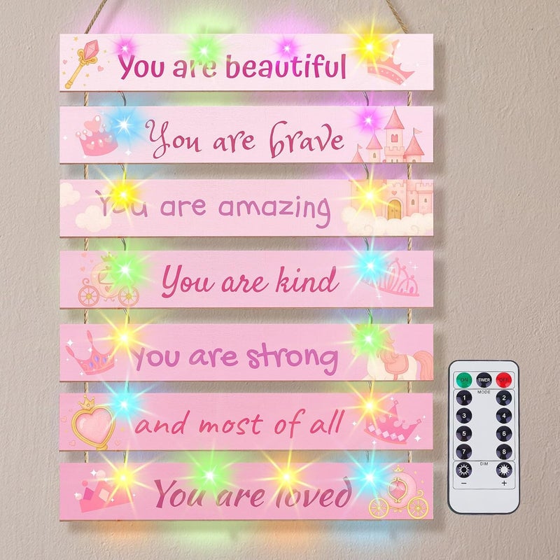 FIOBEE Girls Room Décor for Teen Girls Boys with LED Light Wall Decor for Bedroom Motivational Inspirational Wall Art Girl Room Decoration for Kids Studyroom, 8 Kinds of Lights, Pink Princess - Image 1